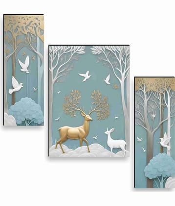 SAF Golden Deer Forest – 3 Panel Nature Wall Art with Birds & Trees in Teal and White Tones for Living Room Décor 12 Inch x 20 Inch