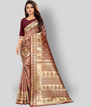 Gazal Fashions Banarasi Silk Printed Saree With Unstitched Blouse Piece ( Multicolor )