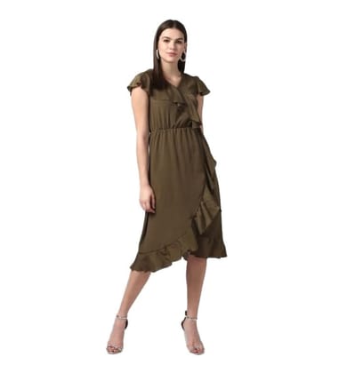 Women's Polyester Ruffled Cap Sleeve Knee-Length Dress (Olive, S)-PID55765 Women's Polyester Ruffled Cap Sleeve Knee-Length Dress (Olive, S)-PID55765