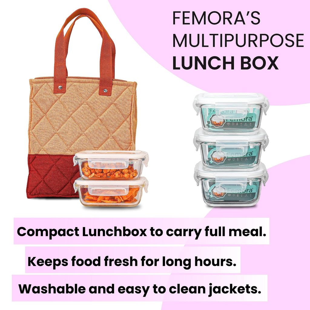 Femora Borosilicate Glass Microwave Safe Container Multipurpose Lunch Box for Office, Maroon, Rectangle-400 ml (2 Container), Rectangle-620 ml (1 Container).