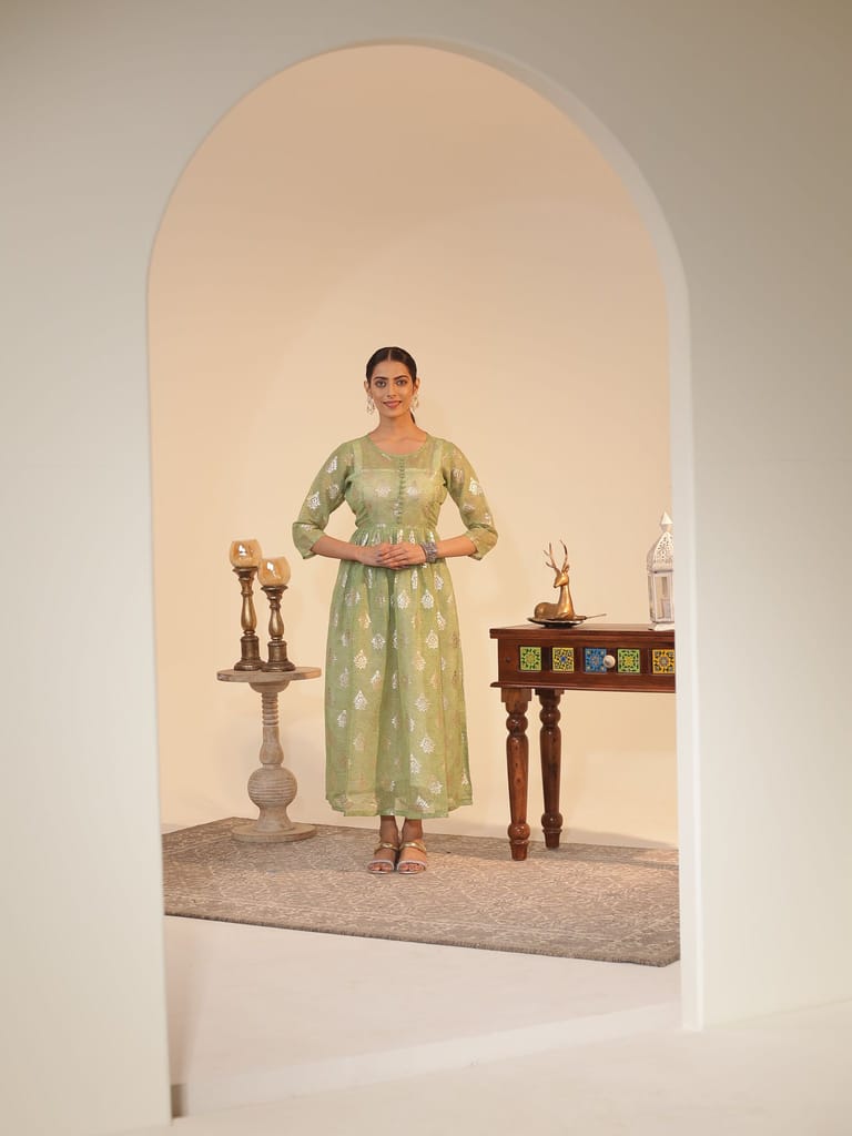 Mint-Green Kota Doria Flared Kurta Dress with Silver-Zari Motifs & Satin Slip | U-Neck, 3/4-Sleeve, Ankle-Grazer Length