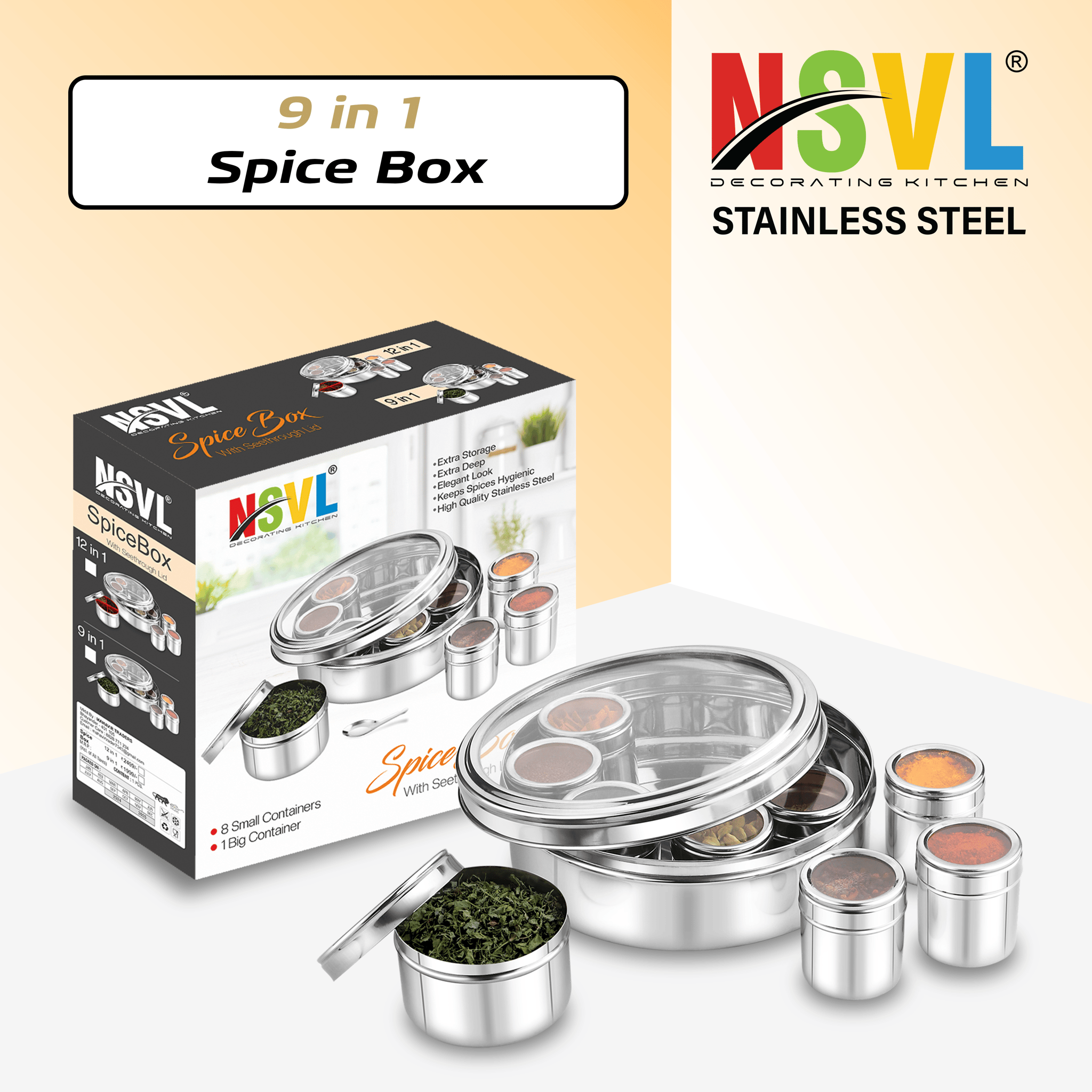 NSVL 9 In 1 Stainless Steel Masala Box For Kitchen | Spice Box | Masala Container | Masala Dani With Individual See Through Lid 2.5 Ltr