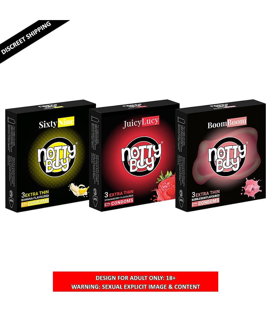 NottyBoy Multi Flavoured Banana, Strawberry, Bubblegum Condoms - (Set of 3, 9 Sheets)