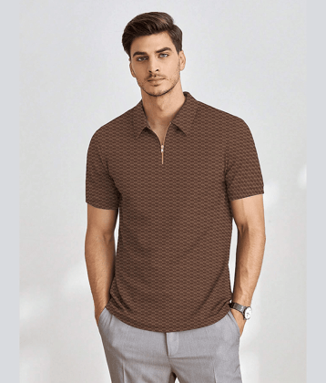 KAJARU Men Polyester Regular Fit Self Design Polo T Shirt ( Brown )