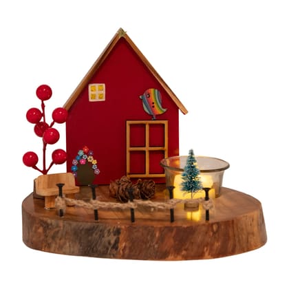 The Weaver's Nest Vintage Wooden House T Light / Candle Décor-Red House
