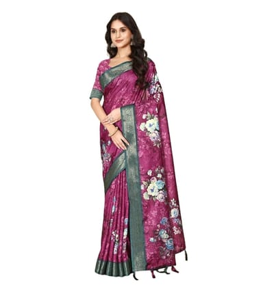 Women's Cotton Blend Floral Printed Saree With Unstitched Blouse 5.5Mtr (Multicolor)-PID66528