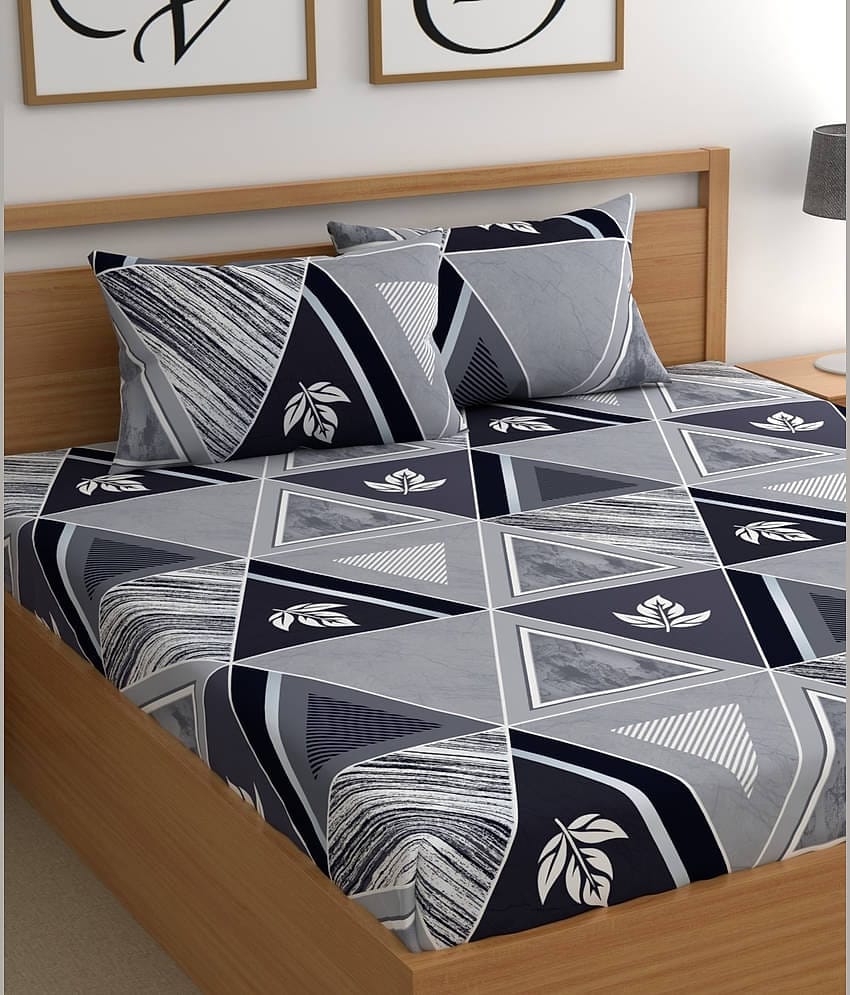 CG HOMES Microfibre Floral Fitted 1 Bedsheet with 2 Pillow Covers ( Double Bed ) - Gray