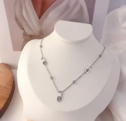 Stainless Steel Stapler Link Cubic Zirconia Necklace - STNK