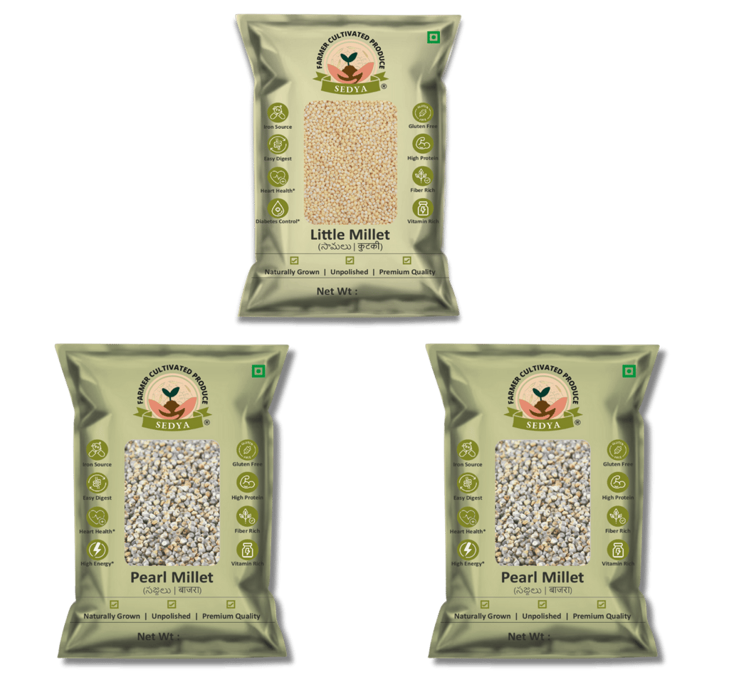 Sedya Three Millet Combo Whole Grains | Little Millet 500 g & Pearl Millet 500 g, 2 Packs | Certified Low GI | Samai, Sajje | Gluten Free | Unpolished, Toasted, No Soaking Required | High Plant Protein & Fibre | Total 1.5 Kg