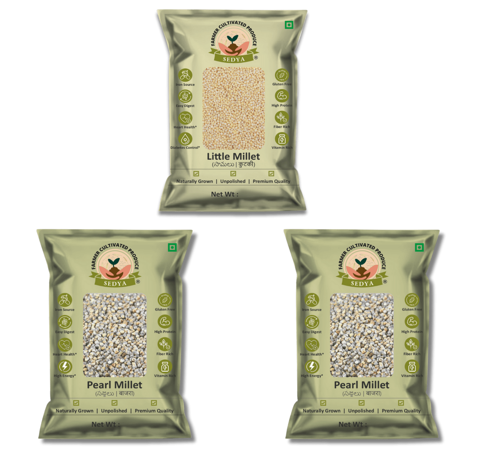Sedya Three Millet Combo Whole Grains | Little Millet 500 g & Pearl Millet 500 g, 2 Packs | Certified Low GI | Samai, Sajje | Gluten Free | Unpolished, Toasted, No Soaking Required | High Plant Protein & Fibre | Total 1.5 Kg