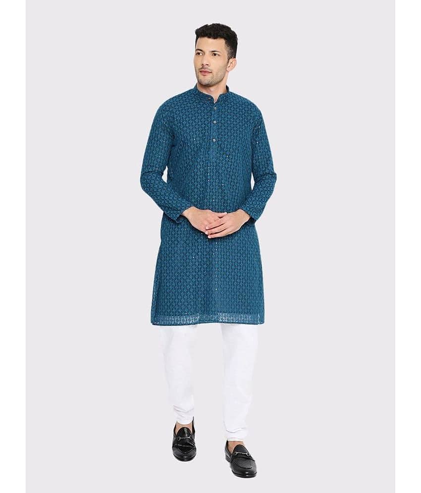 Maharaja - Blue Georgette Regular Fit Men's Kurta Pyjama Set ( Pack of 1 )
