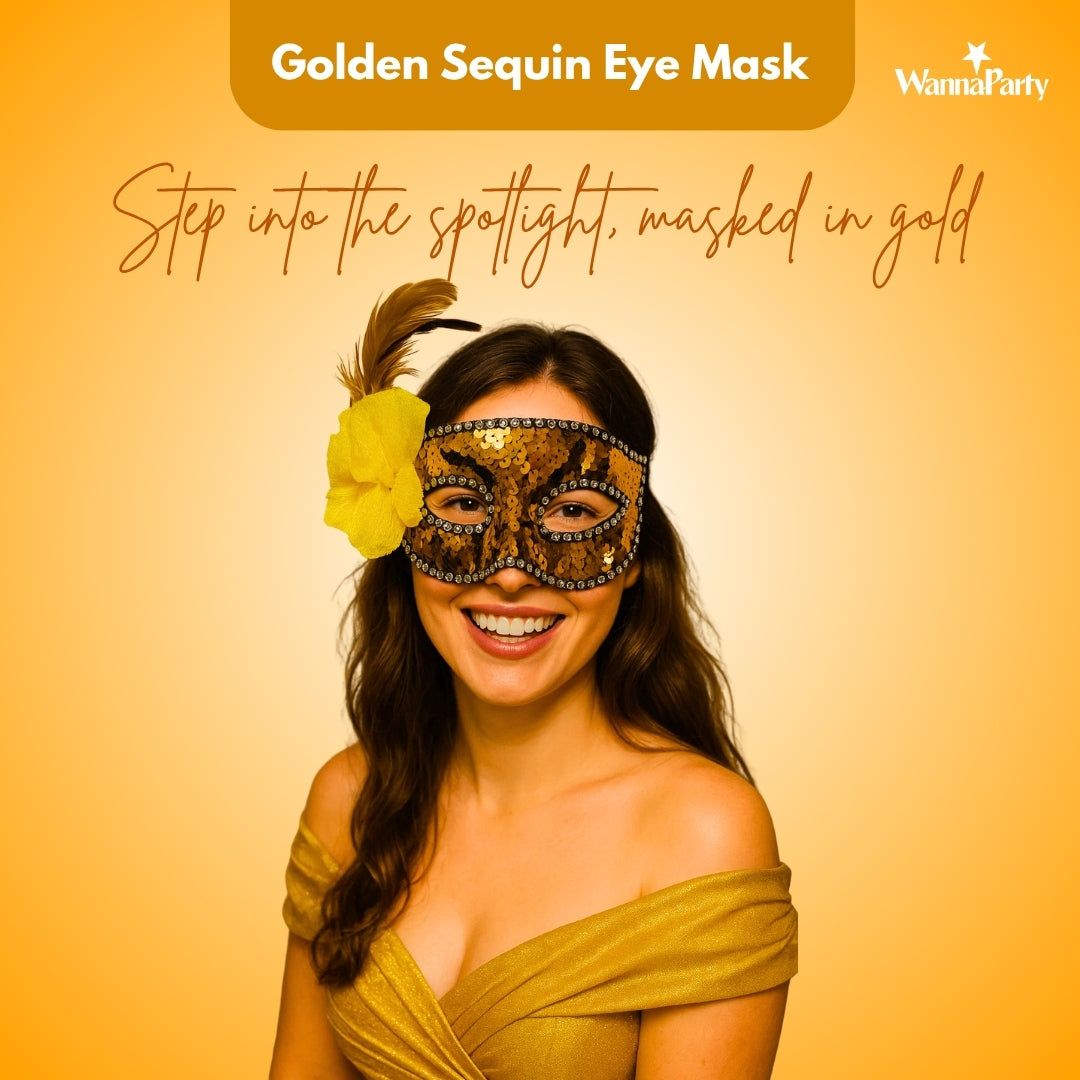 Golden Sequin Eye Mask with Yellow Flower