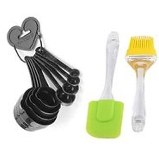 8 Pieces Plastic Black Measuring Cups and Spoons Set with Silicone Big Spatula and Brush Set
