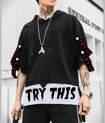 Try This Cotton Blend Oversized Fit Printed 3/4th Sleeves Men's Hooded T-Shirt - Black ( Pack of 1 )
