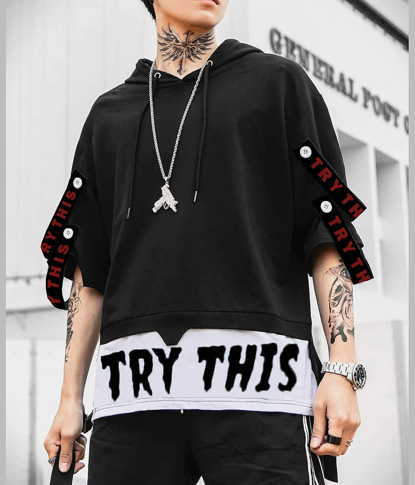 Try This Cotton Blend Oversized Fit Printed 3/4th Sleeves Men's Hooded T-Shirt - Black ( Pack of 1 )