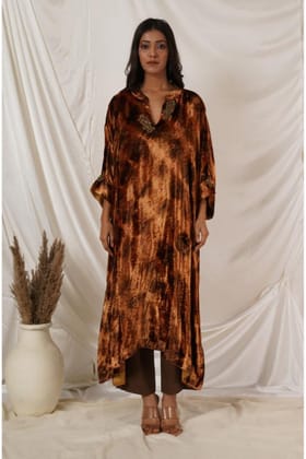 Beige Gold Tie Dye Velvet Kaftan