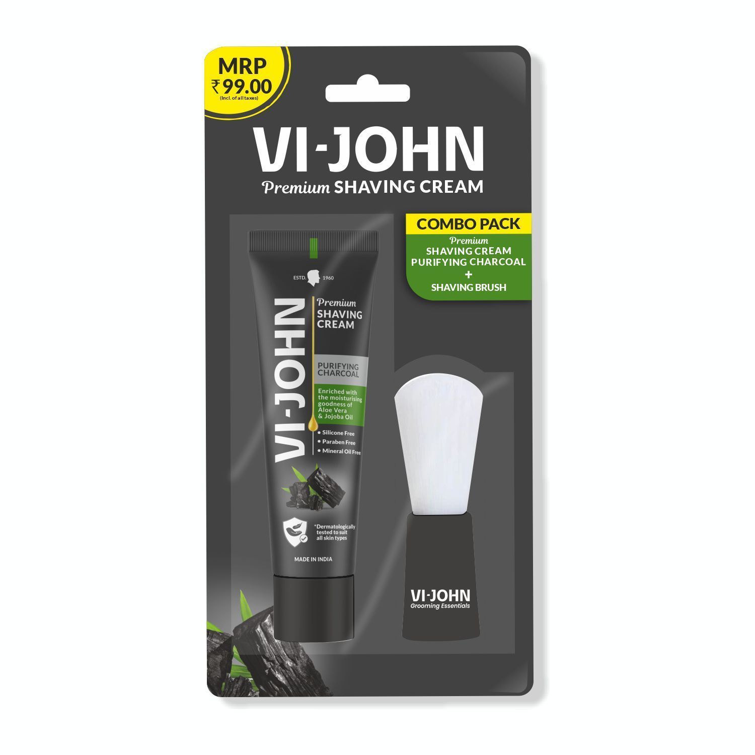 VI-JOHN Purifying Charcoal Premium Shaving Cream Enriched With Aloevera & Jojoba Oil and Shaving Brush From Paraben-70g (Pack of 12)