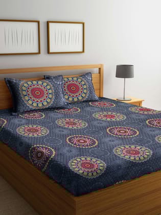 Grey & Yellow Ethnic Motifs 300 TC Double Size Bedsheet with 2 Pillow Covers