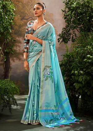 Water Blue Soft Linen Tissue Hand Brush Printed Saree