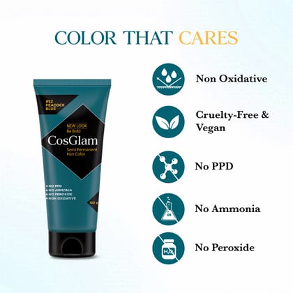 COSGLAM Combo Pack, Semi Permanent Hair Color Peacock Blue 120g, Hair Highlighter Kit 115g & Hair Color Remover 70ml