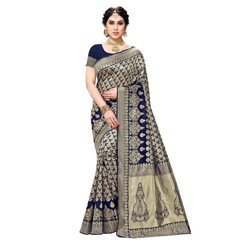 Generic Women's Jacquard Silk Kanjivaram Jacquard Silk Saree With Blouse (Navy Blue, 5-6  Mtr)