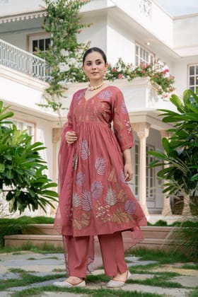 ROSE PINK FLORAL EMBROIDERED STRAIGHT KURTA SUIT WITH DUPATTA-MERGENTA PINK / L