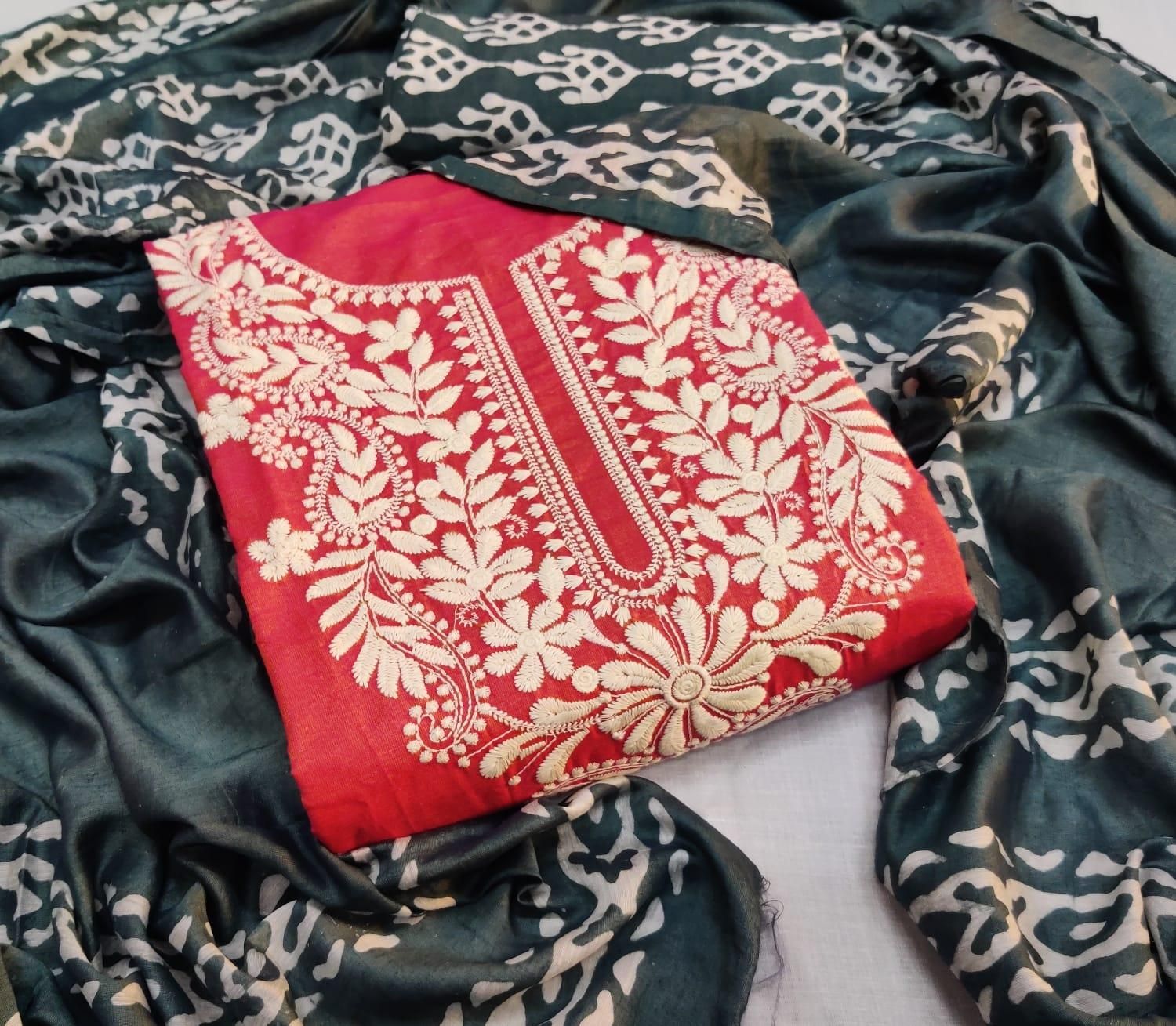 Cotton Patch Work Batik Salwar dupatta Set-Red Black