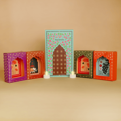 The Mohraj Deep Jarokha Wall Décor LED Holder Set of 4 with 4 LED