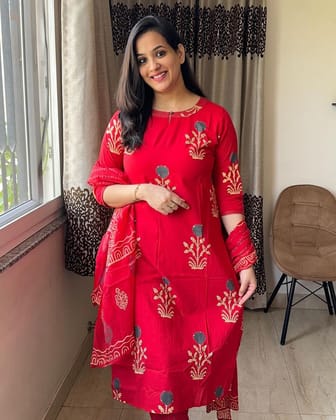 Pure Cotton Aline Kurta Set with Dupatta-M-38