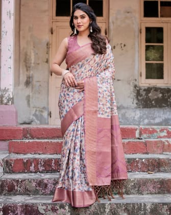 Beige and Pink Geometric Print Banarasi Silk Saree with Zari Weave and Tassel-Embellished Pallu-Regular