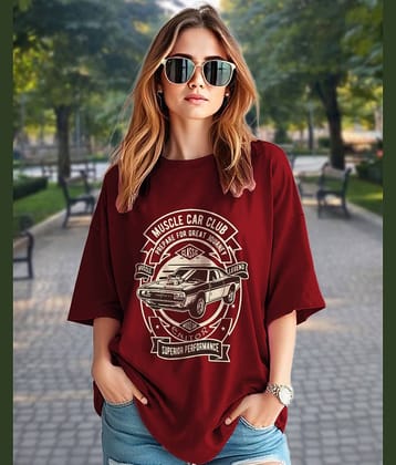 AUSK Women Cotton Blend Printed Oversized Fit Round Neck T-Shirt ( Maroon )