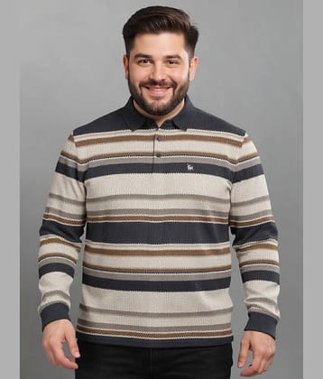 BULLMER Men Cotton Blend Regular Fit Striped Polo T Shirt ( Beige )