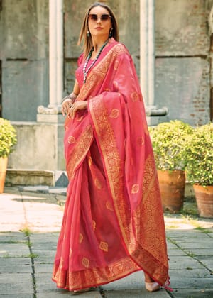 Peach Pink Woven Banarasi Tissue Silk Saree