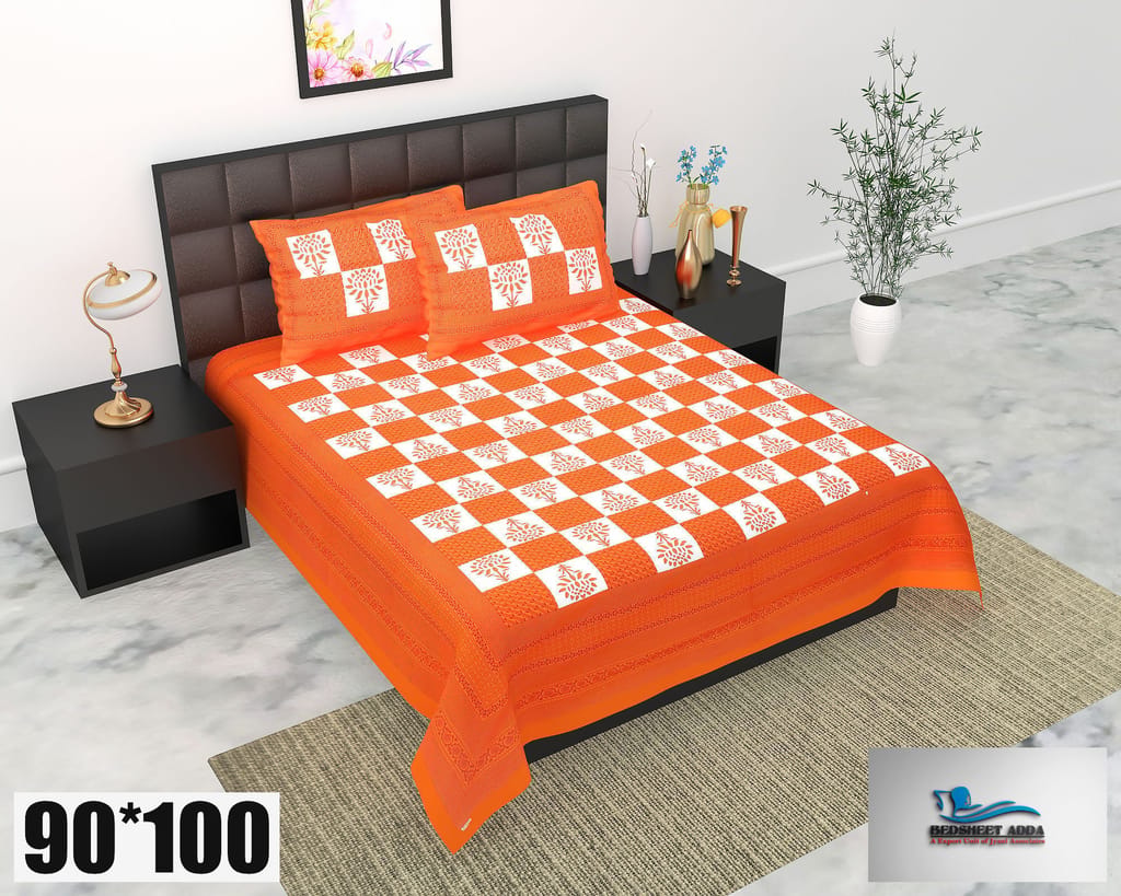 2001-Bedsheet Adda-Pure Cotton Jaipuri Printed Double Bedsheet With 2 Pillow Covers-BOX-ORANGE