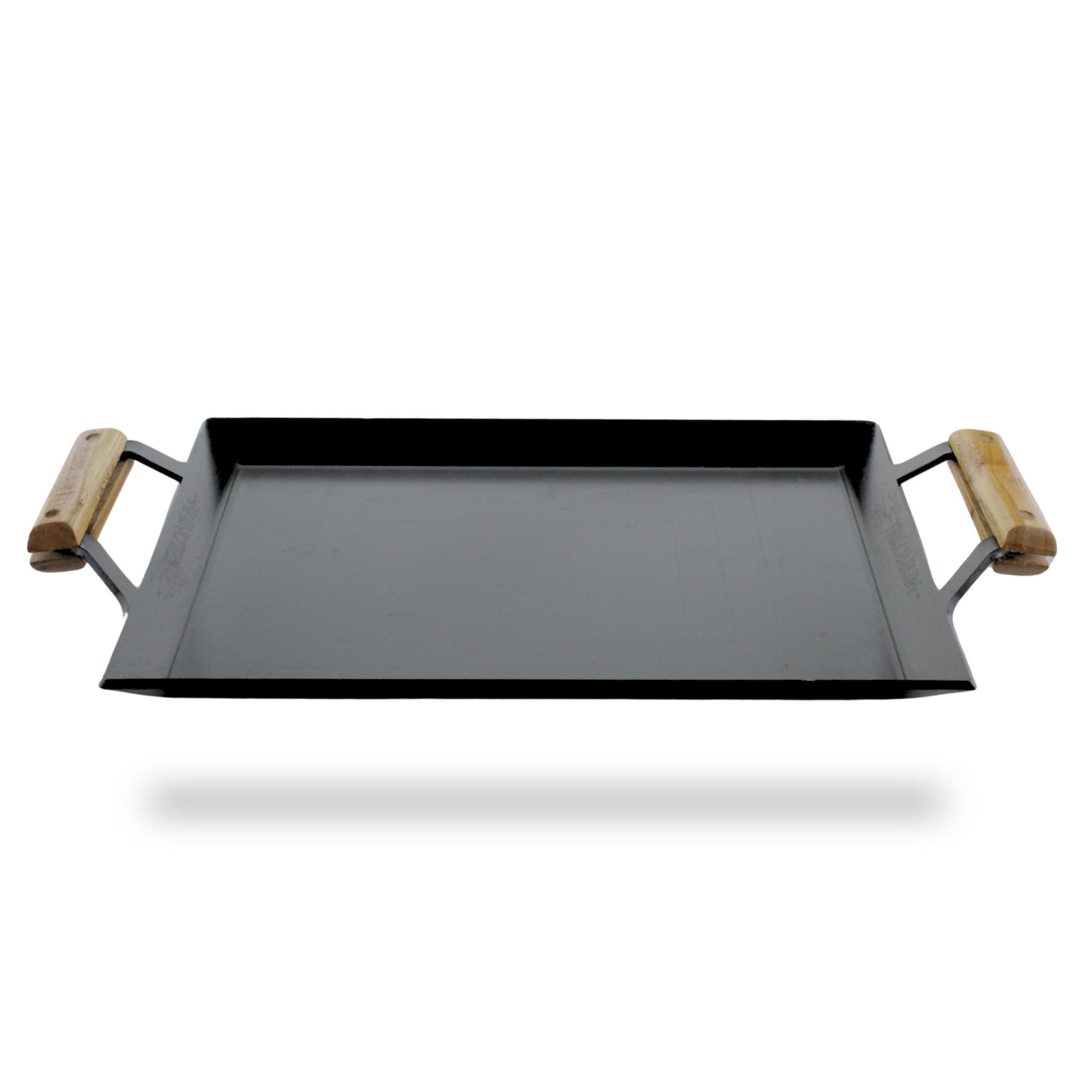 Trilonium Triple Seasoned Iron Rudra Multi Purpose Rectangular Griddle Tawa 44 x 30 cms with Wooden Handles