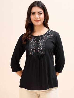 Women's Black Embroidery Fancy Top-TP-1427 BLK / Black / L
