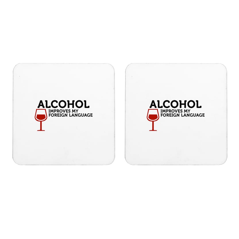 Multicolor Alcohol Improves My Foreign Language Set Of 2 Square Wooden Coaster