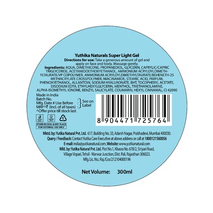 Yuthika Super Light Gel Face Moisturizer with Hyaluronic Acid 300ml, Face Gel Moisturizer for Combination & Oily Skin