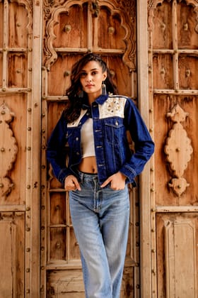 Crafted Roots Denim Jacket with Vibrant Ethnic Embroidery-S