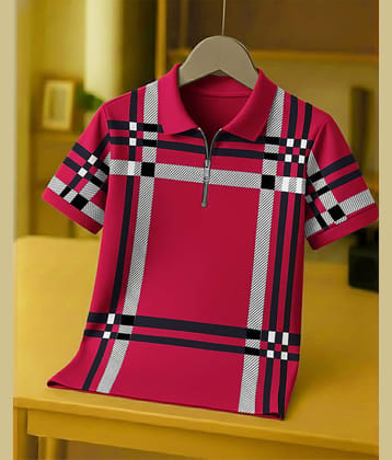 AOOSH Men Cotton Blend Regular Fit Checks Polo T Shirt ( Pink )