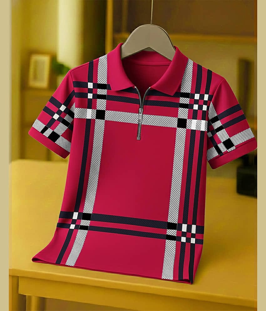 AOOSH Men Cotton Blend Regular Fit Checks Polo T Shirt ( Pink )