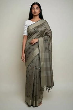 Saura Tribal Cotton Saree Dusty Khaki Village Pallu