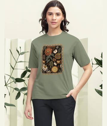 HELLCAT Trendy Printed Regular Fit Round Neck Casual Tshirt for Women_Olive