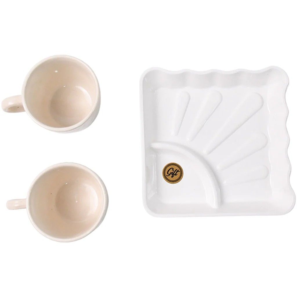 Cerntric Ceramic Tea Cup with Plastic Square Shape Serving Platter Milk Cup 3 Pcs (White)