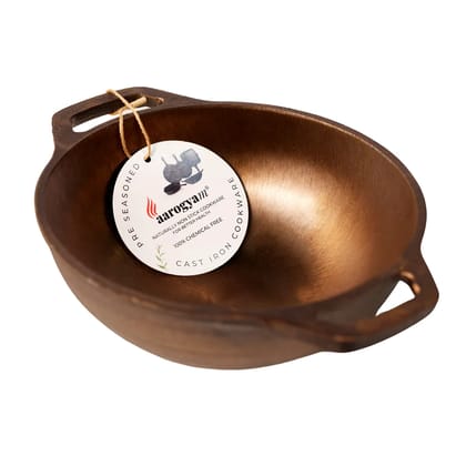 Aarogyam Cast Iron Double Handle Round Loha Kadai 8 inch Diameter (20 cm), Pre-Seasoned,  Naturally Non-Stick, Toxin-Free, Compatible With Gas Stove- Perfect for Cooking & Deep Frying, Weight : 1.7 kg (Colour - Black) by Aarogyam - The Cast Iron Shop