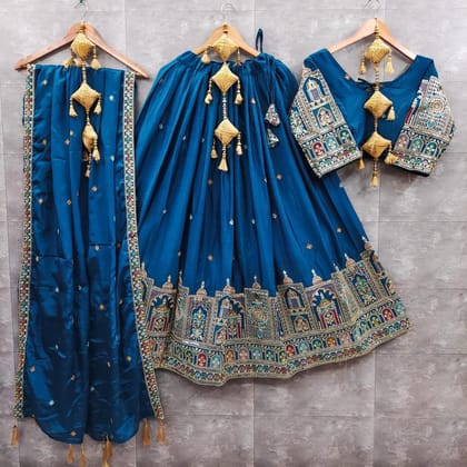Chinon Silk Sequence Thread Embroidery Work Garba Chaniya Choli-Blue