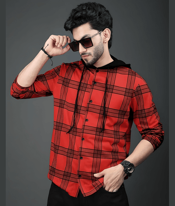 LAMATE Cotton Blend Regular Fit Checks Full Sleeves Men's Hooded T-Shirt - Red ( Pack of 1 )