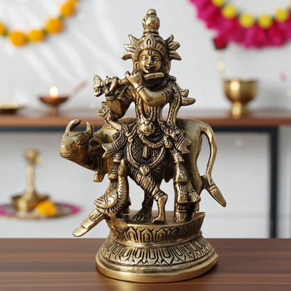 Brass Krishna With Cow Idol Statue (BSMAS1579 C)