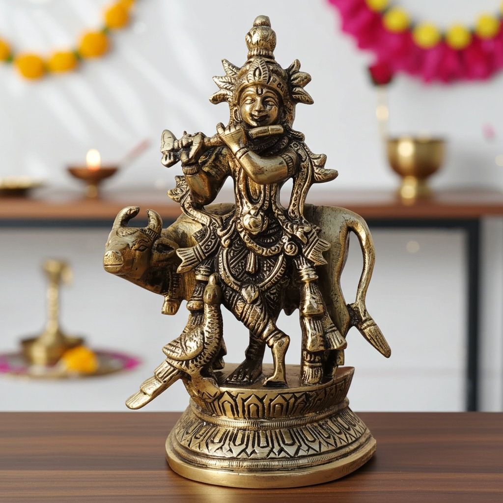 Brass Krishna With Cow Idol Statue (BSMAS1579 C)