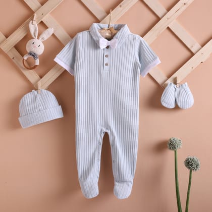 Poshaak Baby Overall Romper Set - Morning Mist-Morning mist / 3-6 months with Cap and Mittens